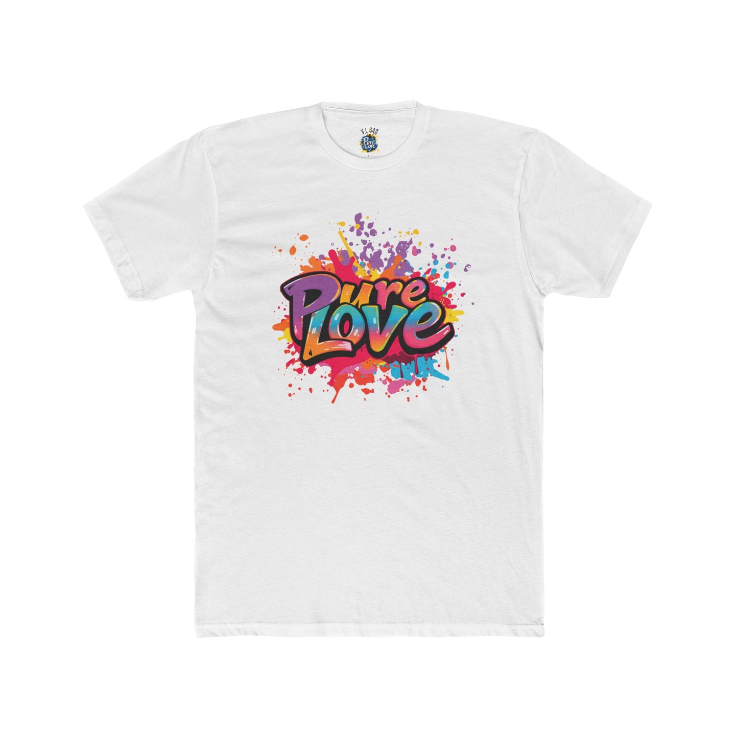 White crew neck t-shirt with a vibrant multicolored 'Pure Love' text splash design in the center.