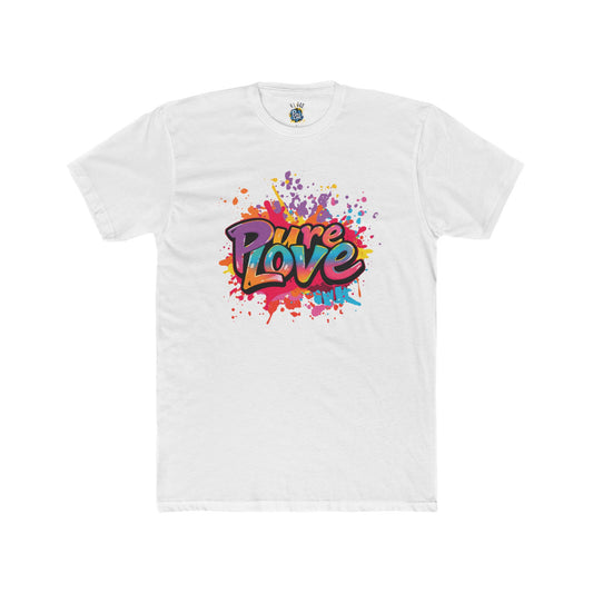 White crew neck t-shirt with a vibrant multicolored 'Pure Love' text splash design in the center.